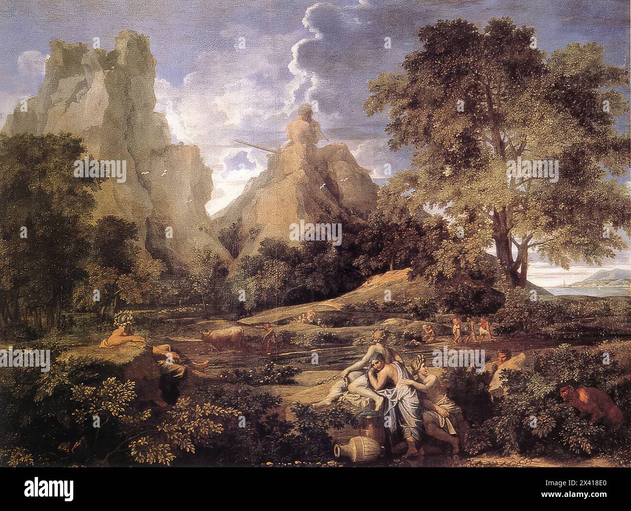 POUSSIN, Nicolas (b. 1594, Les Andelys, d. 1665, Roma)  Landscape with Polyphemus 1648 Oil on canvas, 150 x 199 cm The Hermitage, St. Petersburg  This picture marks the beginning of Poussin's final period, that in which poetry rises to an all-embracing feeling for the world - still, however, interpreted through a mythological guise.  The subject was borrowed from 'Metamorphoses' by Ovid. A terrible one-eyed giant Polyphemus anamoured of nymph Galathea is singing of his love on a pipe.       --- Keywords: --------------  Author: POUSSIN, Nicolas Title: Landscape with Polyphemus Time-line: 1601- Stock Photo
