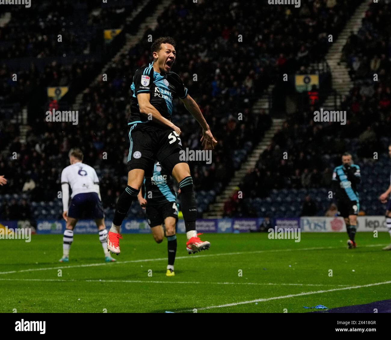 Kasey McAteer of Leicester City celebrates scoring to make it 0-3 during the Sky Bet Championship match Preston North End vs Leicester City at Deepdale, Preston, United Kingdom, 29th April 2024  (Photo by Steve Flynn/News Images) Stock Photo