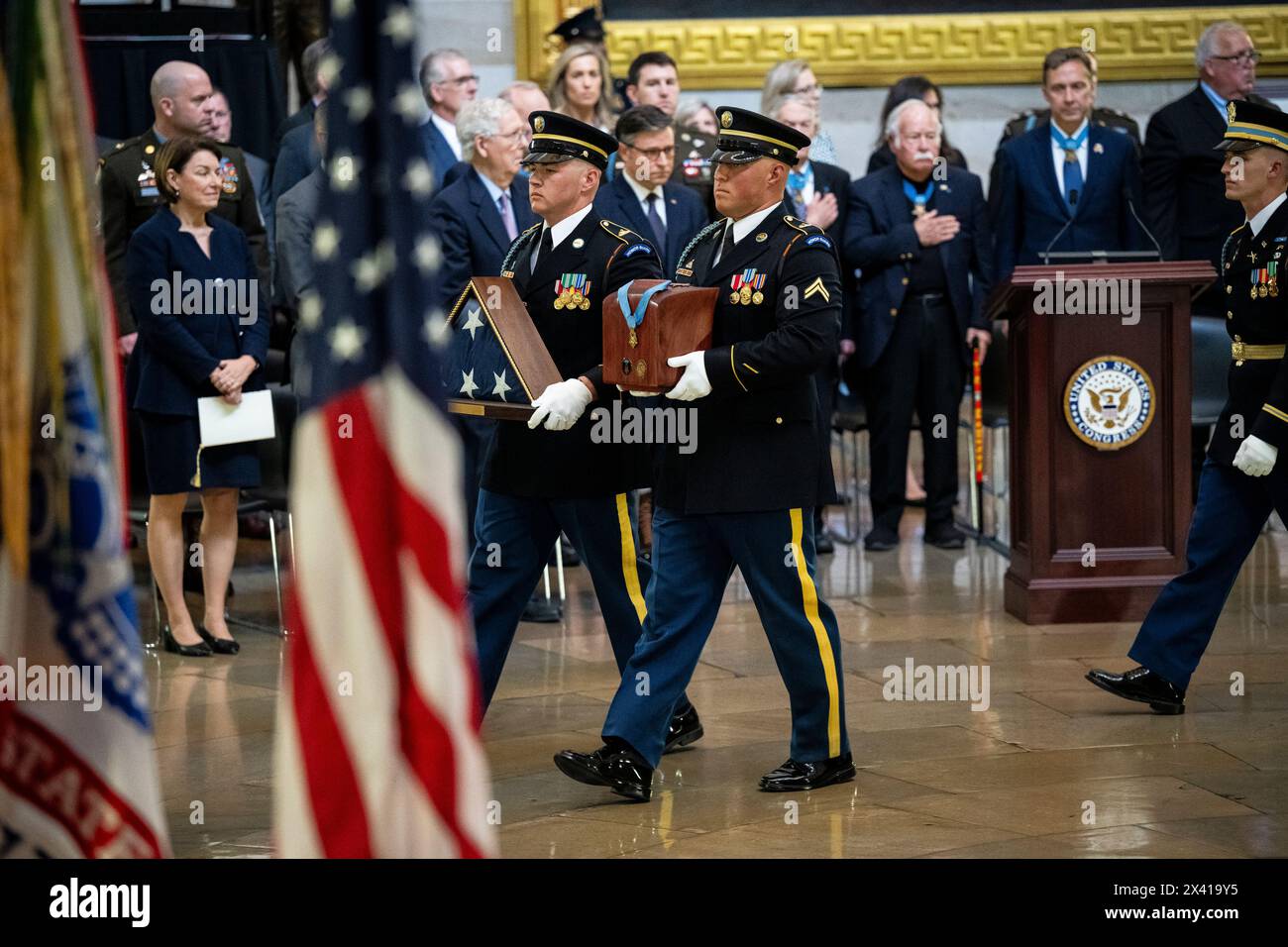 Washington, USA. 29th Apr, 2024. A procession carrying the remains of Col. Ralph Puckett Jr. arrives to lie in honor at the U.S. Capitol, in Washington, DC, on Monday, April 29, 2024. President Biden awarded the Medal of Honor to Col. Puckett in 2021, and he was the last surviving medal recipient for acts performed during the Korean War. (Graeme Sloan/Sipa USA) Credit: Sipa USA/Alamy Live News Stock Photo