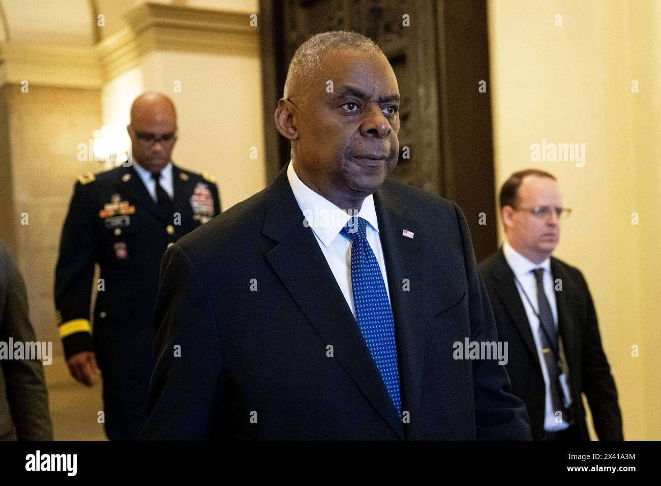 Washington, USA. 29th Apr, 2024. Secretary of Defense Lloyd Austin departs after a ceremony for Col. Ralph Puckett Jr. to lie in honor at the U.S. Capitol, in Washington, DC, on Monday, April 29, 2024. President Biden awarded the Medal of Honor to Col. Puckett in 2021, and he was the last surviving medal recipient for acts performed during the Korean War. (Graeme Sloan/Sipa USA) Credit: Sipa USA/Alamy Live News Stock Photo