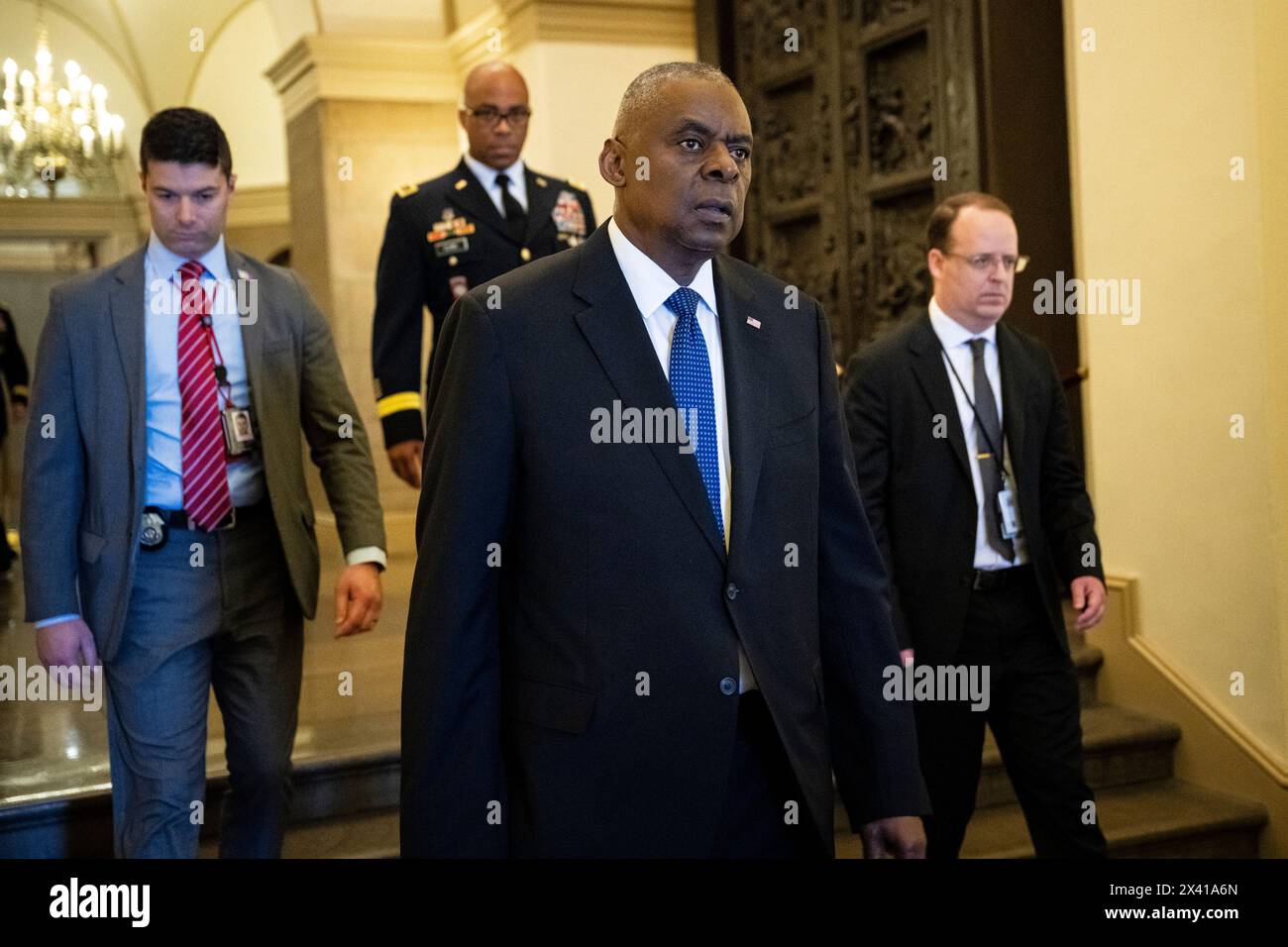 Washington, USA. 29th Apr, 2024. Secretary of Defense Lloyd Austin departs after a ceremony for Col. Ralph Puckett Jr. to lie in honor at the U.S. Capitol, in Washington, DC, on Monday, April 29, 2024. President Biden awarded the Medal of Honor to Col. Puckett in 2021, and he was the last surviving medal recipient for acts performed during the Korean War. (Graeme Sloan/Sipa USA) Credit: Sipa USA/Alamy Live News Stock Photo