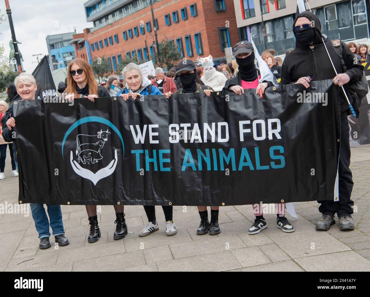 World Day for Animals in Laboratories March and Rally 2024, Liverpool. An animal rights march to speak up for the millions of animals that are tortured in animal testing facilities every year. Stock Photo