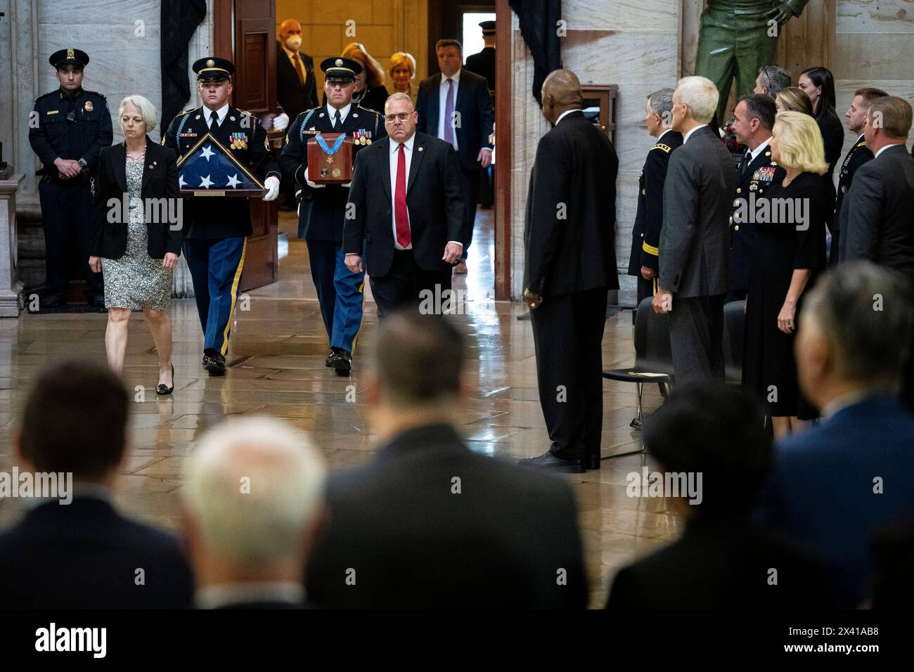Washington, USA. 29th Apr, 2024. A procession carrying the remains of Col. Ralph Puckett Jr. arrives to lie in honor at the U.S. Capitol, in Washington, DC, on Monday, April 29, 2024. President Biden awarded the Medal of Honor to Col. Puckett in 2021, and he was the last surviving medal recipient for acts performed during the Korean War. (Graeme Sloan/Sipa USA) Credit: Sipa USA/Alamy Live News Stock Photo