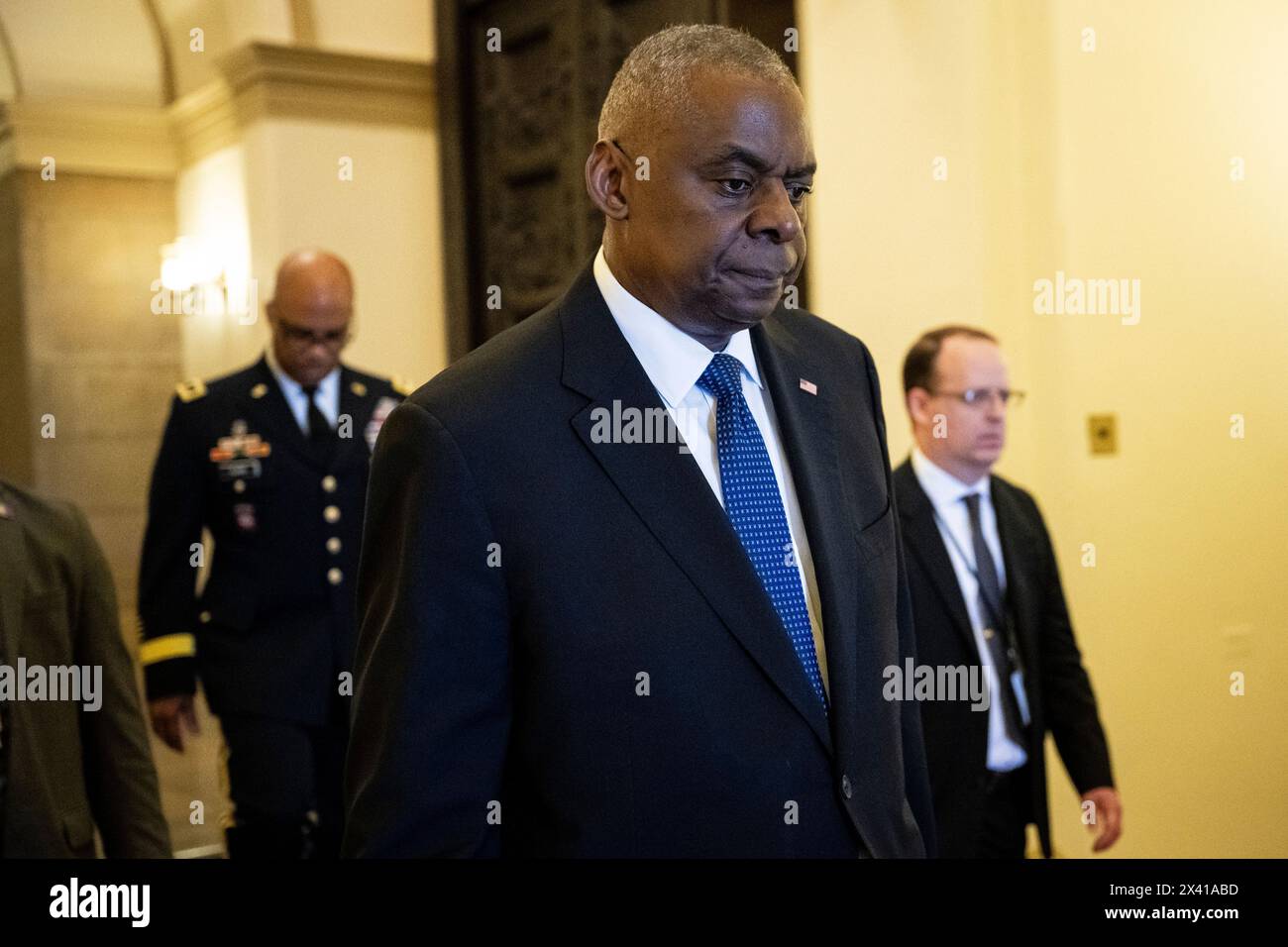 Washington, USA. 29th Apr, 2024. Secretary of Defense Lloyd Austin departs after a ceremony for Col. Ralph Puckett Jr. to lie in honor at the U.S. Capitol, in Washington, DC, on Monday, April 29, 2024. President Biden awarded the Medal of Honor to Col. Puckett in 2021, and he was the last surviving medal recipient for acts performed during the Korean War. (Graeme Sloan/Sipa USA) Credit: Sipa USA/Alamy Live News Stock Photo