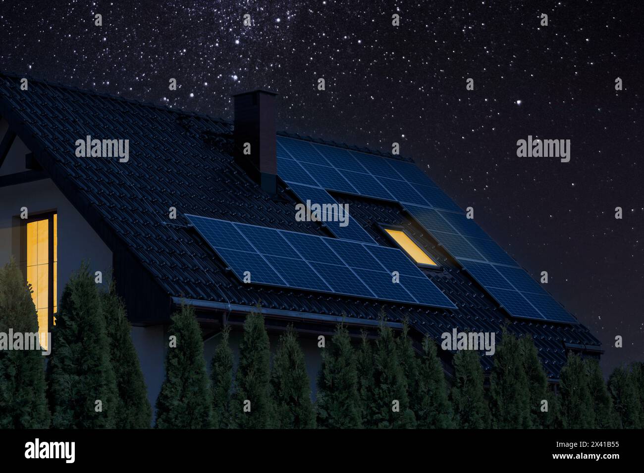 Eco-Friendly House Under Starry Sky. Night Stock Photo - Alamy