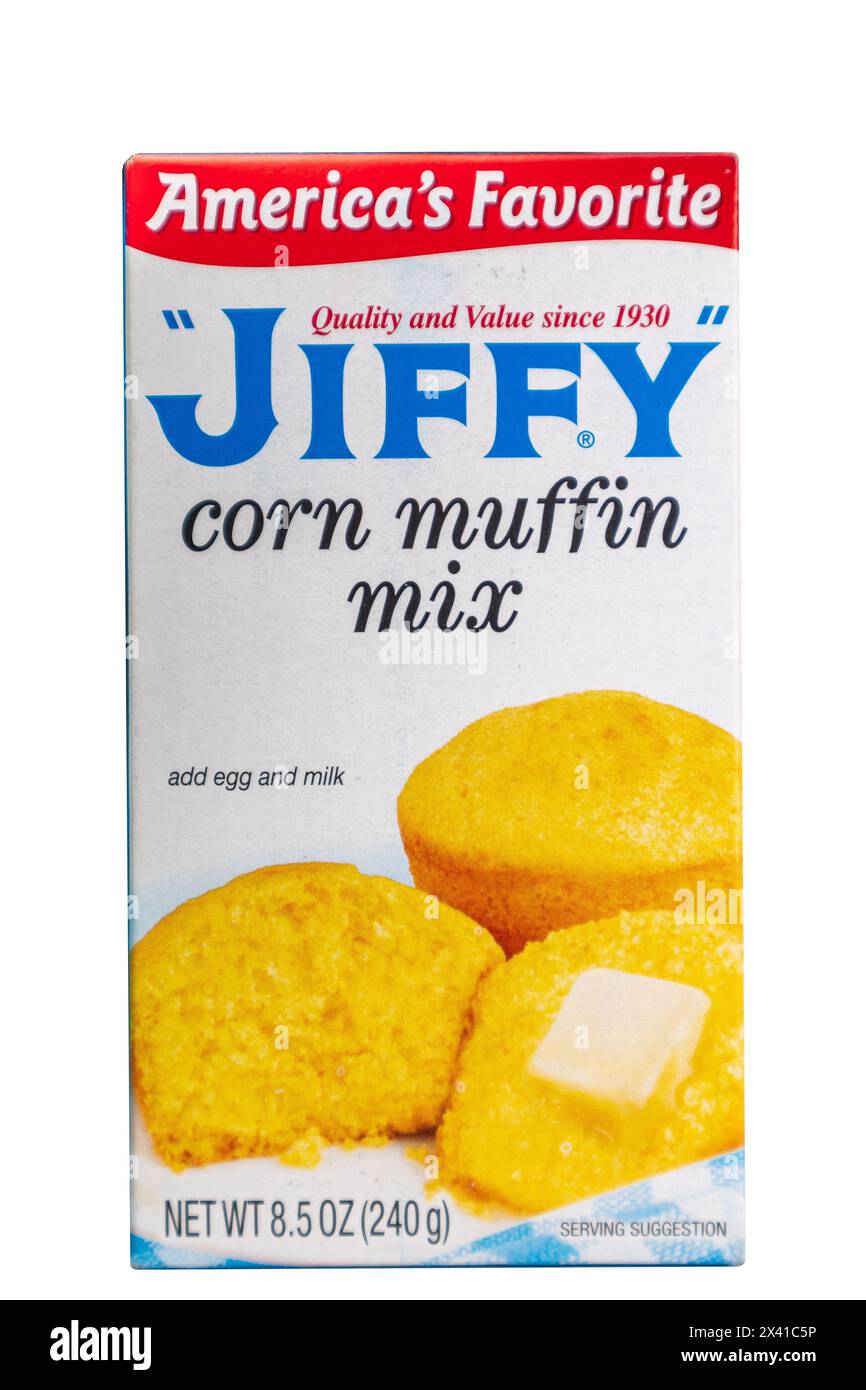 Box of Jiffy Corn Muffin Mix isolated on white background Stock Photo