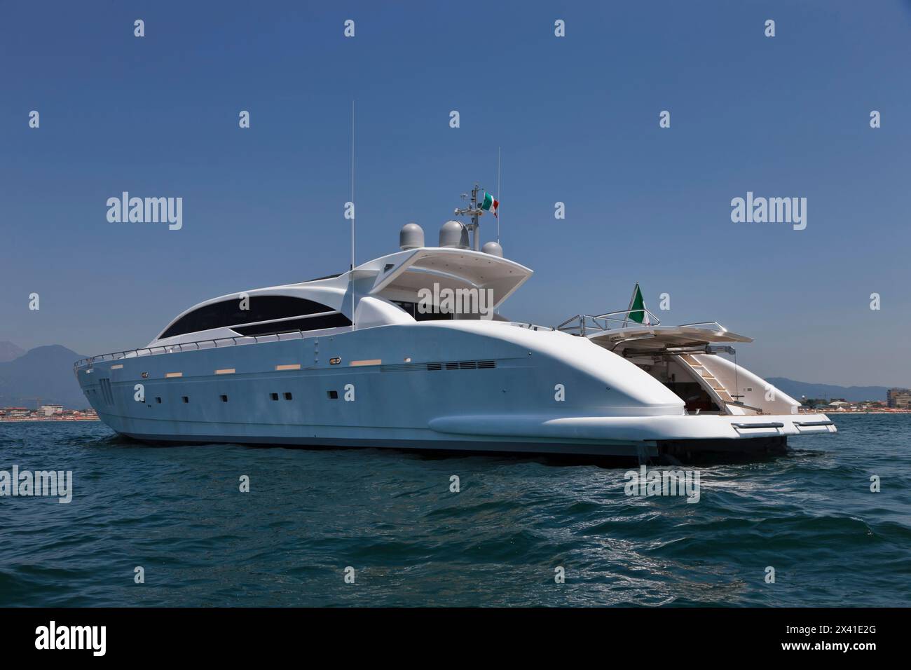 Italy, Tirrenian sea, off the coast of Viareggio, Tuscany, luxury yacht Tecnomar 36 (36 meters), stern and rubberboat garage Stock Photo