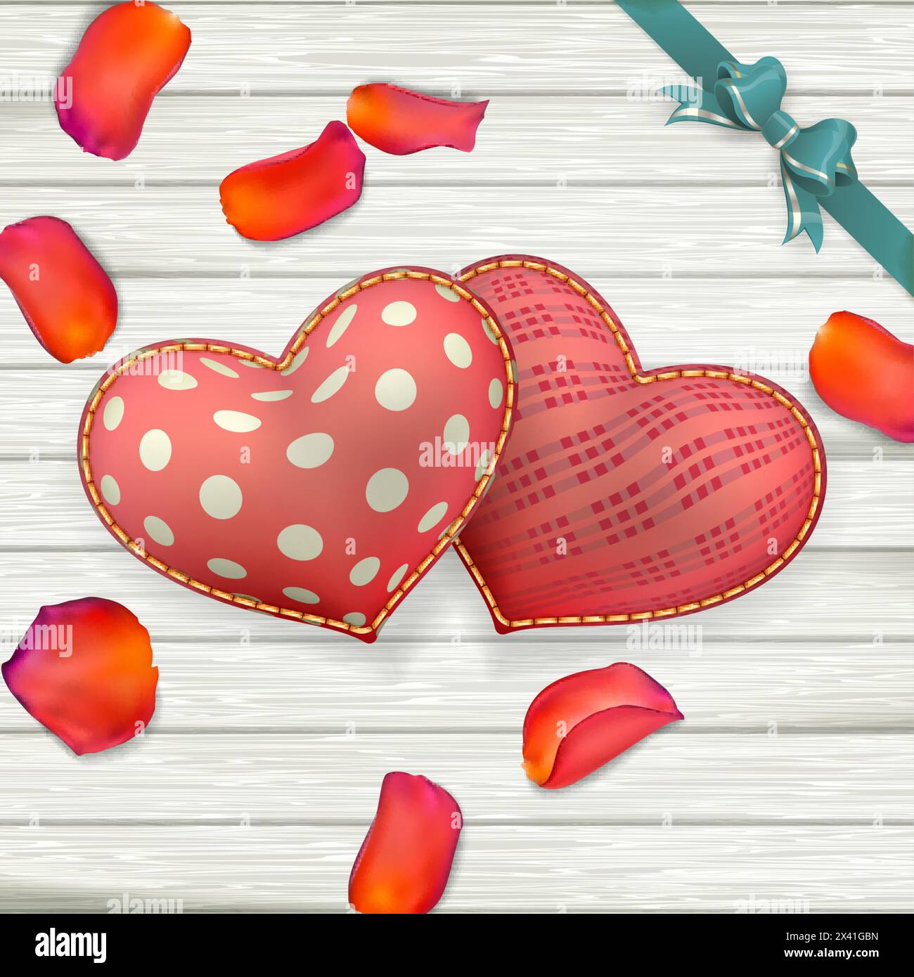 Heart shaped Valentines Day toys on old vintage wooden plates. Holiday background with rose petals. EPS 10 vector file included Stock Vector