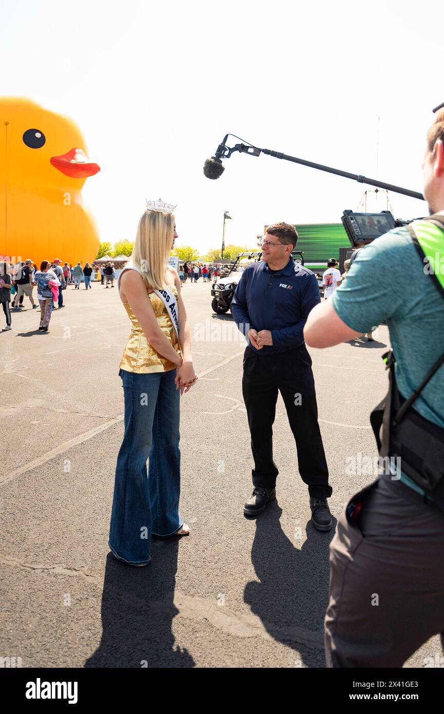 Dover, United States Of America. 28th Apr, 2024. Dover, United States of America. 28 April, 2024. U.S Air Force 2nd Lt. Madison Marsh, Miss America 2024, speaks to Fox Sports TV before the Würth 400 NASCAR at the Dover Motor Speedway, April 28, 2024 in Dover, Delaware. Marsh, a 22-year-old U.S. Air Force Academy graduate is the first active duty military officer to hold the crown as Miss America. Credit: Miriam Thurber/U.S Air Force Photo/Alamy Live News Stock Photo