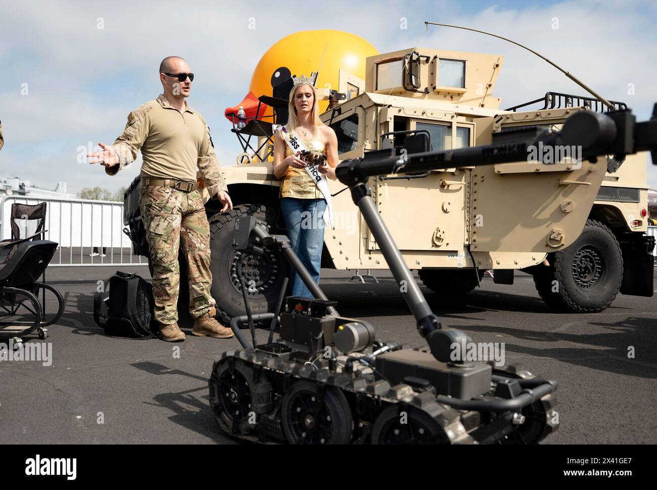 Dover, United States Of America. 28th Apr, 2024. Dover, United States of America. 28 April, 2024. U.S Air Force 2nd Lt. Madison Marsh, Miss America 2024, takes the Explosive Ordnance Disposal robot for a spin at the demo team display before the Würth 400 NASCAR at the Dover Motor Speedway, April 28, 2024 in Dover, Delaware. Marsh, a 22-year-old U.S. Air Force Academy graduate is the first active duty military officer to hold the crown as Miss America. Credit: Miriam Thurber/U.S Air Force Photo/Alamy Live News Stock Photo