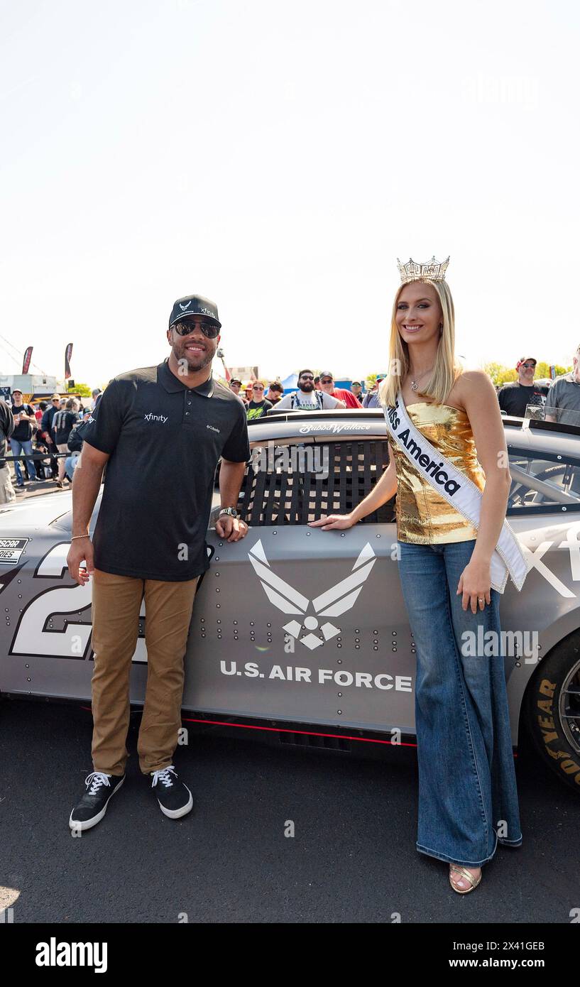 Dover, United States Of America. 28th Apr, 2024. Dover, United States of America. 28 April, 2024. U.S Air Force 2nd Lt. Madison Marsh, Miss America 2024, poses with Air Force driver Bubba Wallace, left, before the Würth 400 NASCAR race at the Dover Motor Speedway, April 28, 2024 in Dover, Delaware. Marsh, a 22-year-old U.S. Air Force Academy graduate is the first active duty military officer to hold the crown as Miss America. Credit: Miriam Thurber/U.S Air Force Photo/Alamy Live News Stock Photo