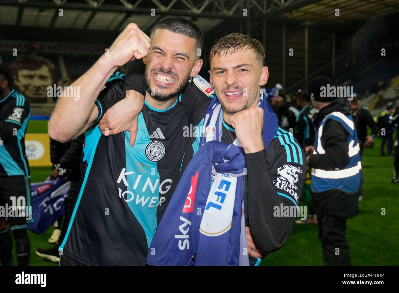 Conor Coady of Leicester City and Kiernan Dewsbury-Hall of Leicester City celebrate after becoming champions with their 0-3 win in the Sky Bet Championship match Preston North End vs Leicester City at Deepdale, Preston, United Kingdom, 29th April 2024  (Photo by Steve Flynn/News Images) Stock Photo
