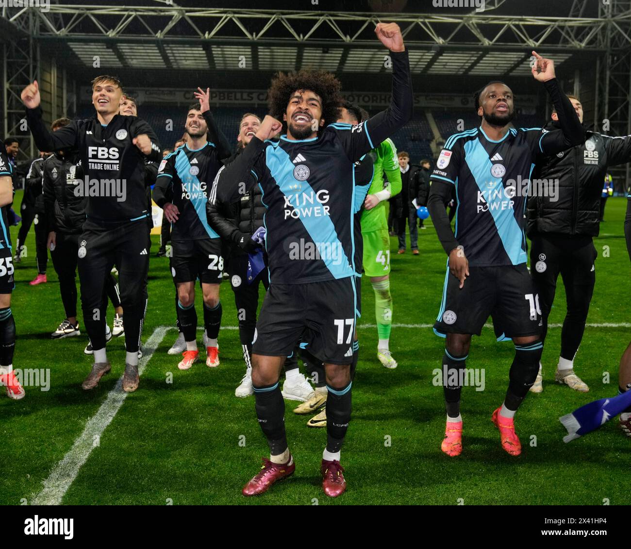 Hamza Choudhury of Leicester City celebrates after becoming champions with their 0-3 win in the Sky Bet Championship match Preston North End vs Leicester City at Deepdale, Preston, United Kingdom, 29th April 2024  (Photo by Steve Flynn/News Images) Stock Photo