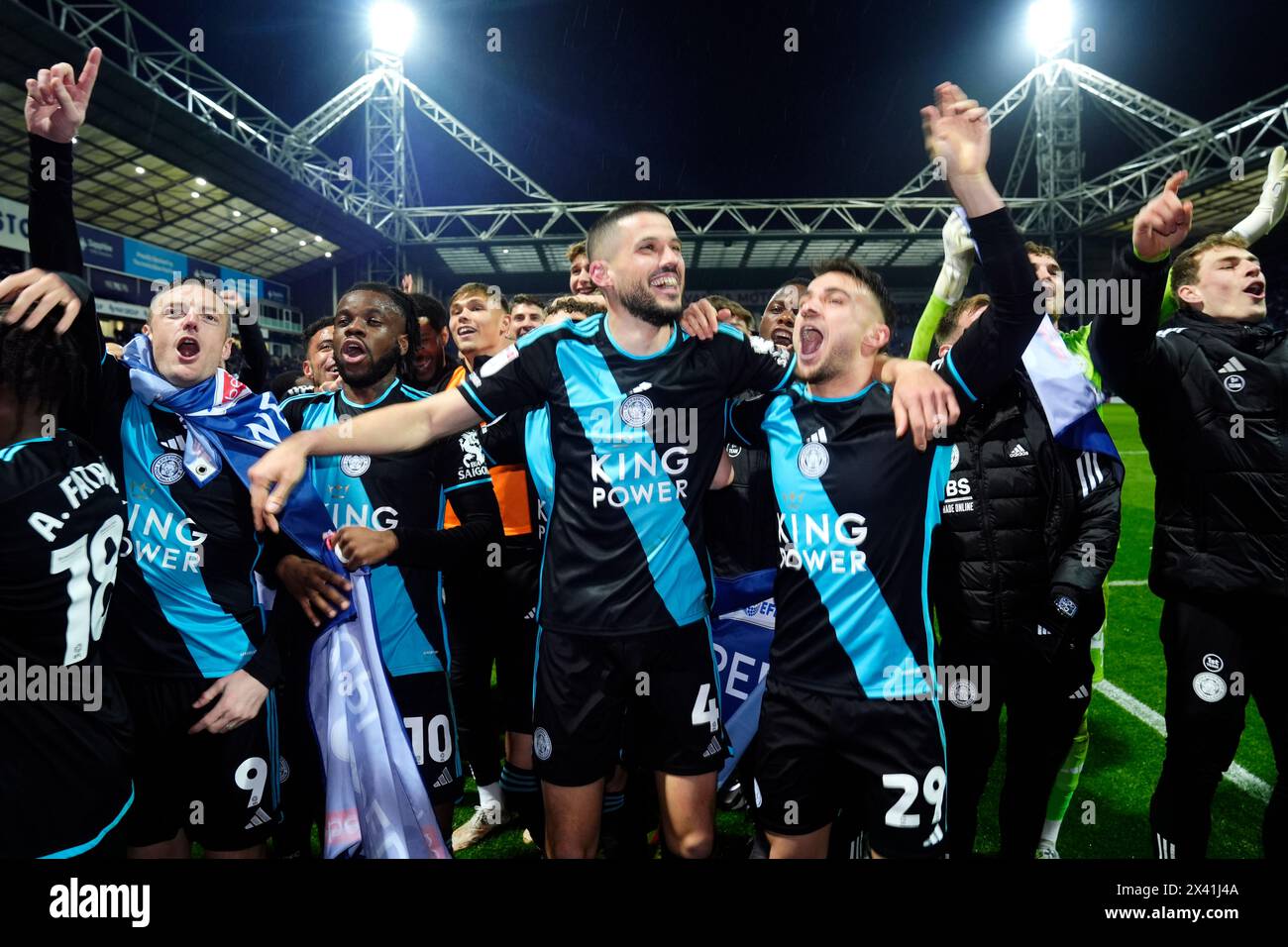 Leicester City's Jamie Vardy, Stephy Mavididi, Conor Coady, Yunus Akgun and players celebrate securing the Championship title after the Sky Bet Championship match at Deepdale, Preston. Picture date: Monday April 29, 2024. Stock Photo