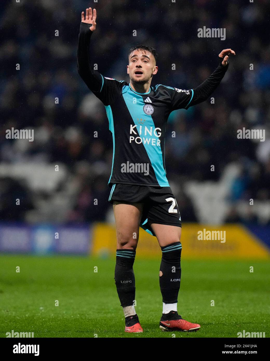 Yunus Akgun of Leicester City gestures during the Sky Bet Championship match Preston North End vs Leicester City at Deepdale, Preston, United Kingdom, 29th April 2024  (Photo by Steve Flynn/News Images) Stock Photo