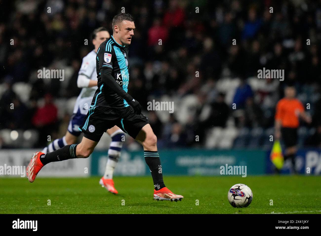 Jamie Vardy of Leicester City sets to shoot at the Preston North End goal during the Sky Bet Championship match Preston North End vs Leicester City at Deepdale, Preston, United Kingdom, 29th April 2024  (Photo by Steve Flynn/News Images) Stock Photo