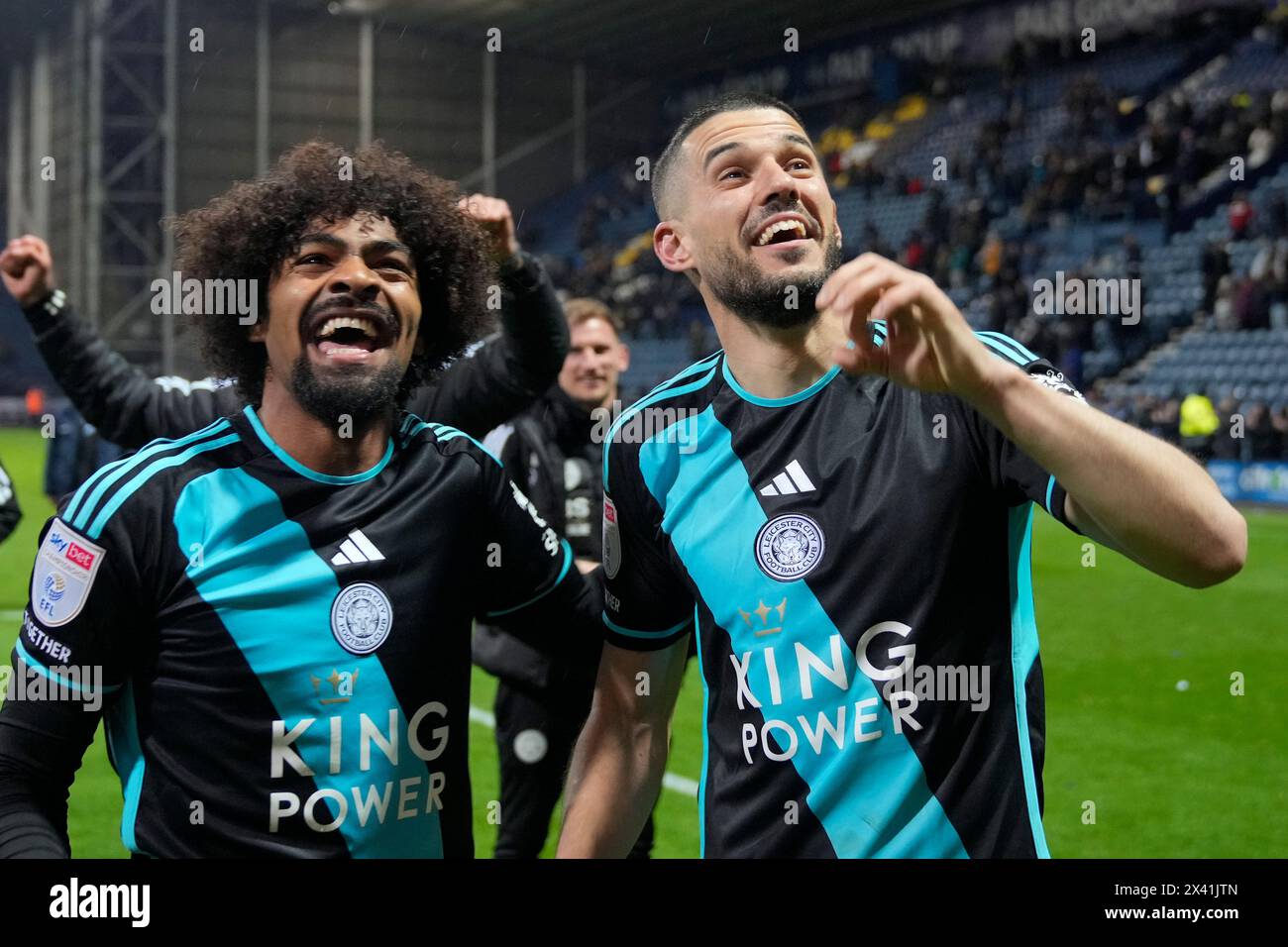 Conor Coady of Leicester City and Hamza Choudhury of Leicester City celebrate after the Sky Bet Championship match Preston North End vs Leicester City at Deepdale, Preston, United Kingdom, 29th April 2024  (Photo by Steve Flynn/News Images) Stock Photo