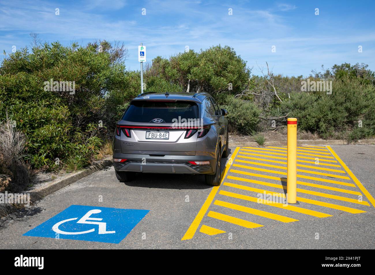 2023 Hyundai Tucson vehicle in a disabled car parking space bay which supports disabled drivers access to North Head loop trail, Sydney,NSW,Australia Stock Photo