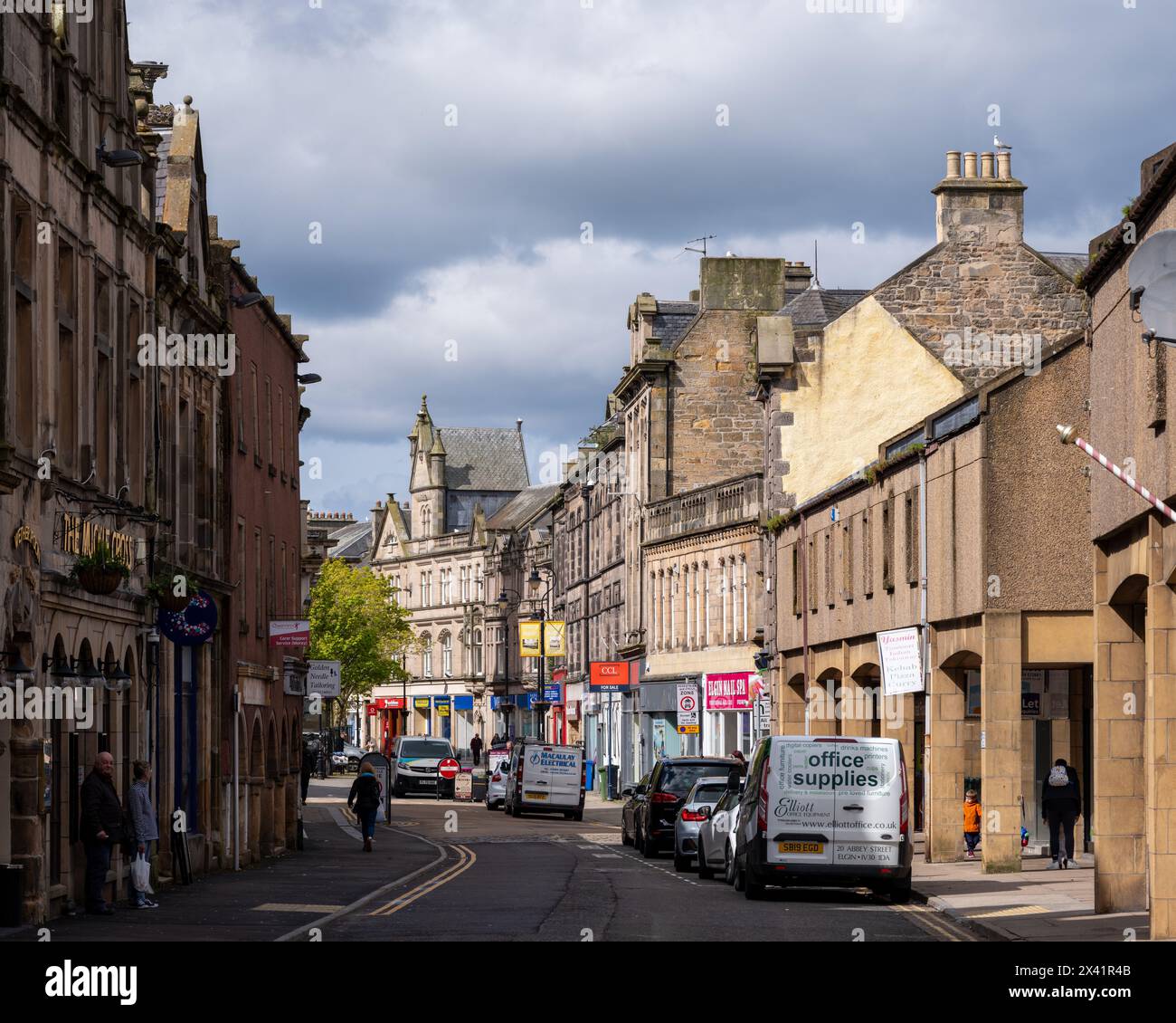 29 April 2024. This is the view westwards on High Street in Elgin on a sunny morning. Stock Photo