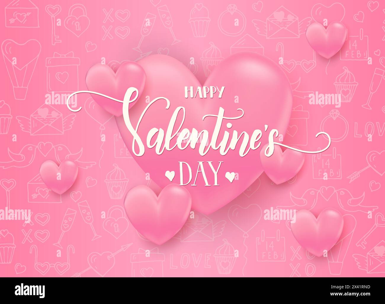 Valentines day background with 3d pink hearts on pink pattern with hand drawn love line art symbols.  Happy Valentines Day - Lettering calligraphy phr Stock Vector