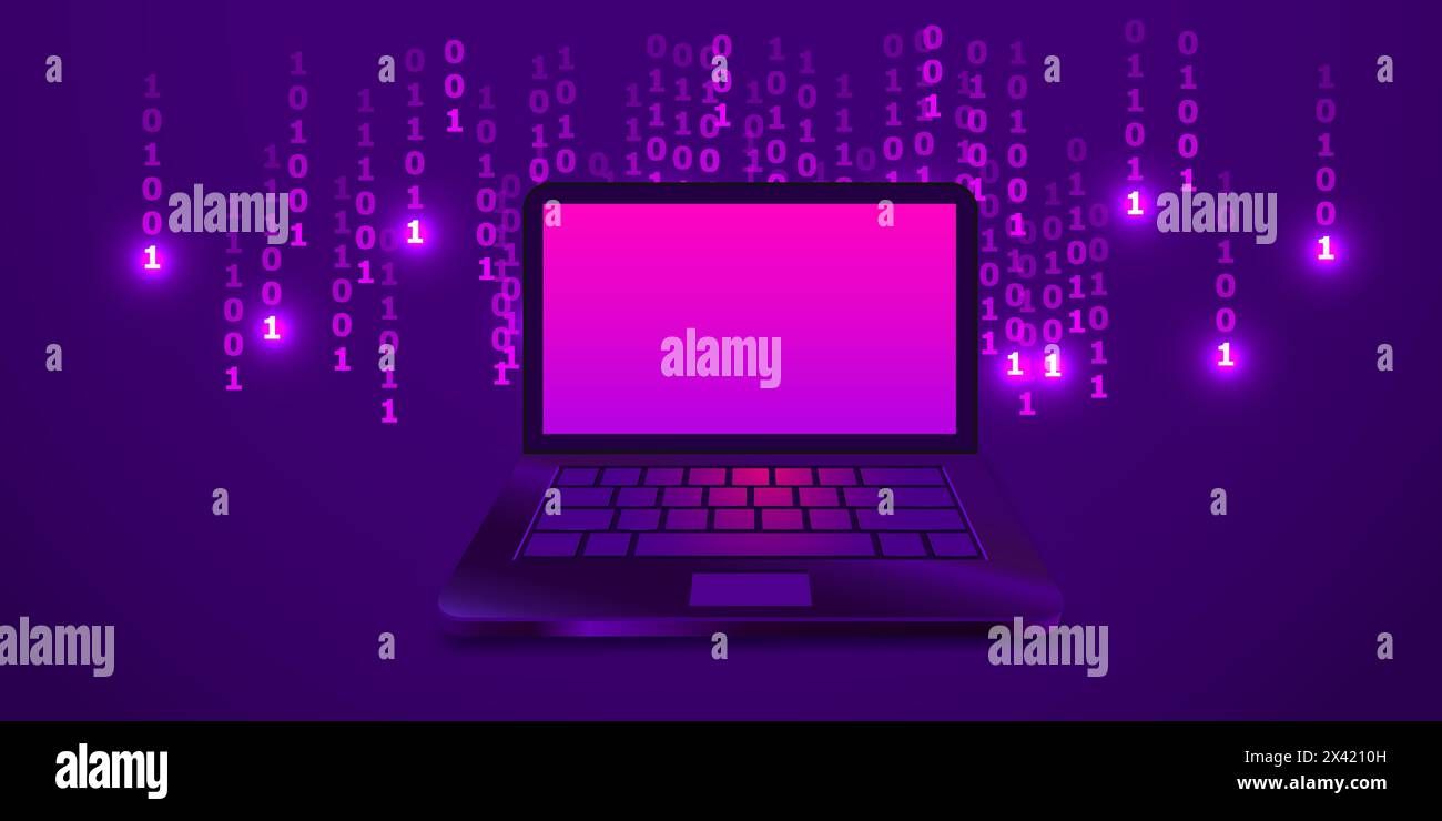 Creative abstract binary code sketch on modern laptop background ...