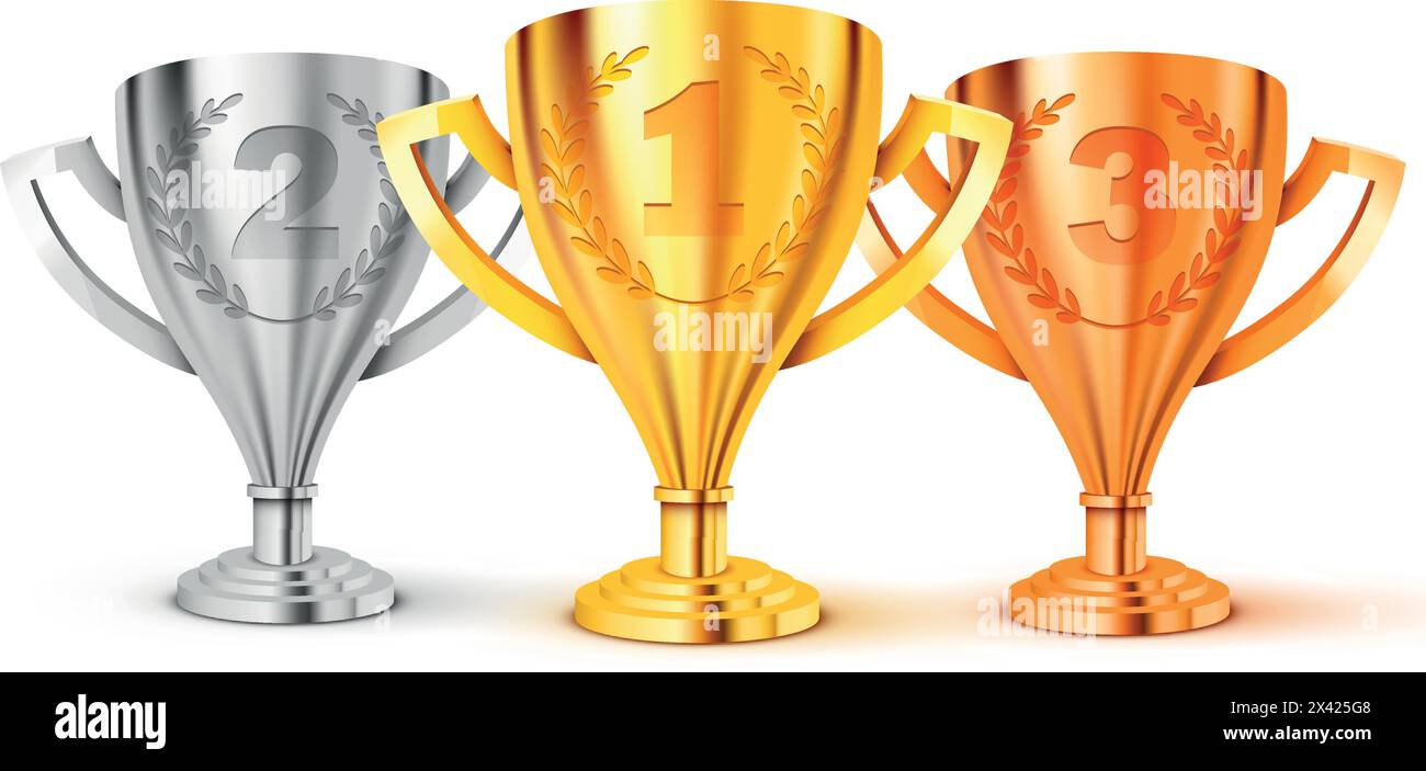 Realistic Golden Trophy. First second and. third place. Gold, silver ...