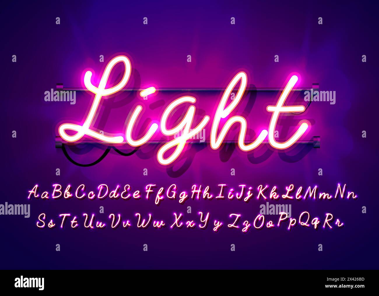 Neon tube hand drawn alphabet font script type letters on a dark