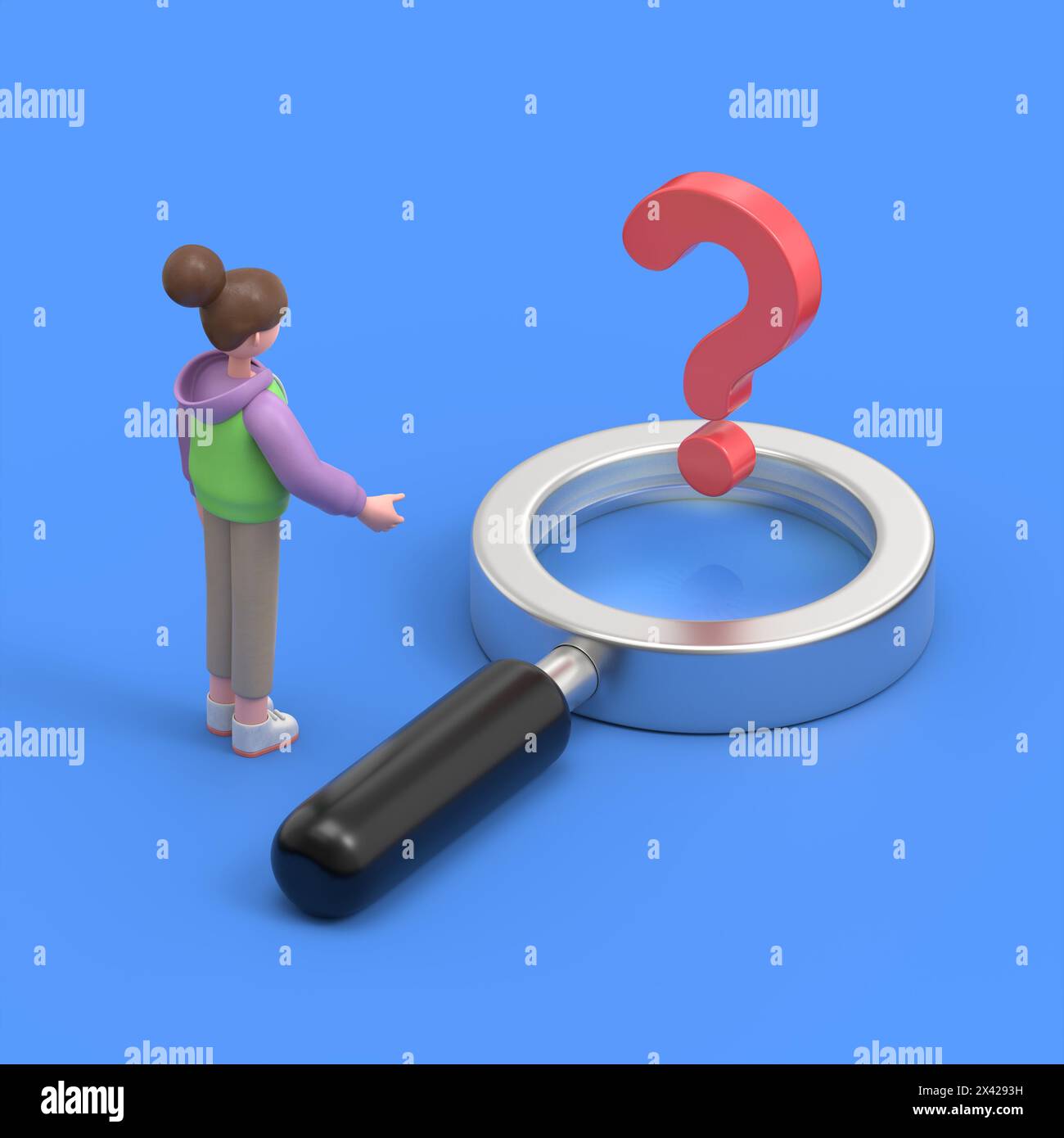 isometric 3D illustration on a blue background,3D illustration of Asian girl Renae stands in front of a question mark in a magnifying glass, looking f Stock Photo