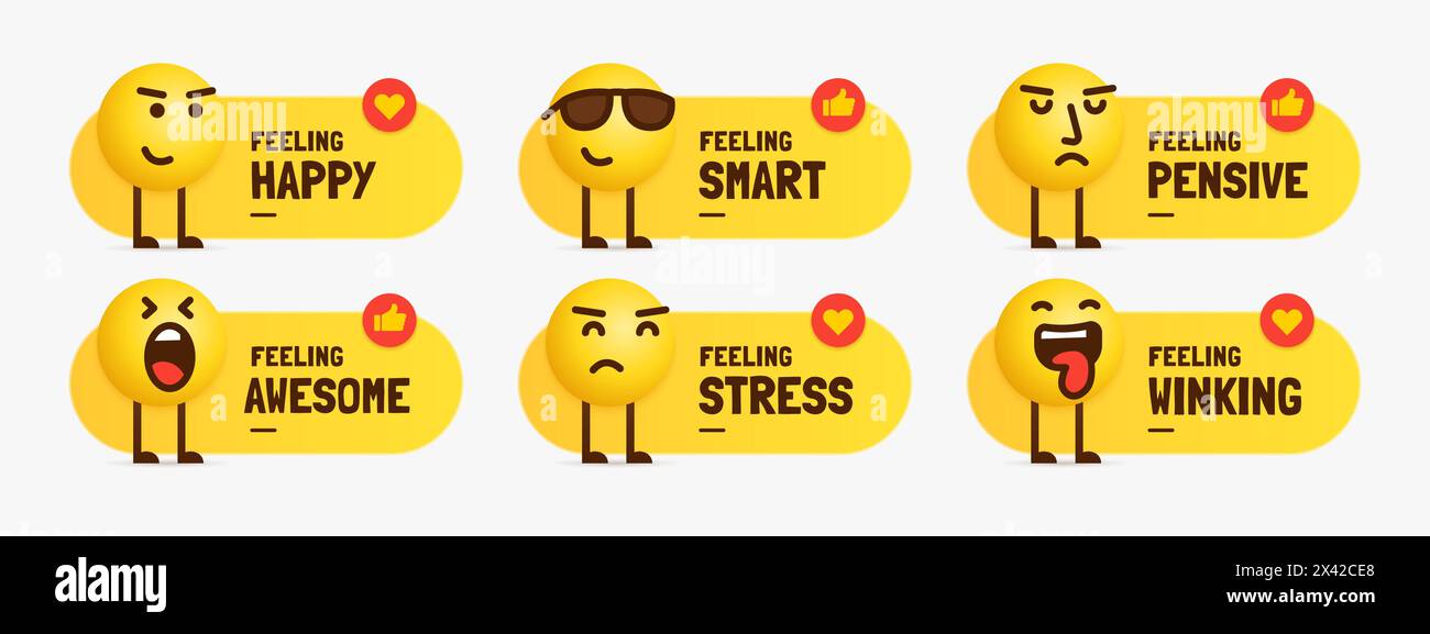 Set of mixed feeling emoji characters standing with text label Stock Vector