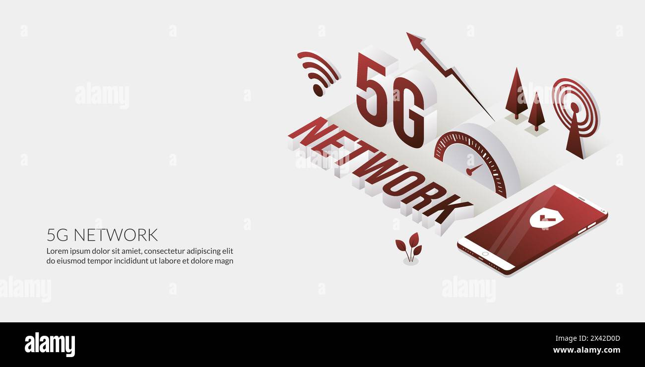 Isometric 5G network connection, the ultra high speed internet technology with 3D text Stock Vector