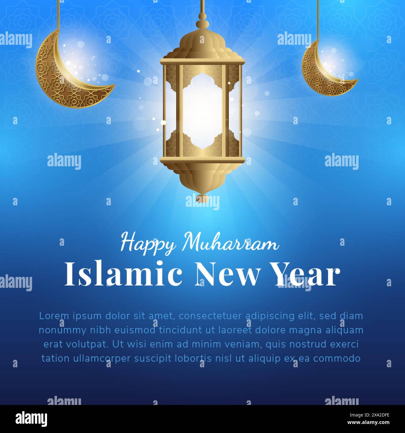 Islamic new year, happy Muharram banner blue gradient background with