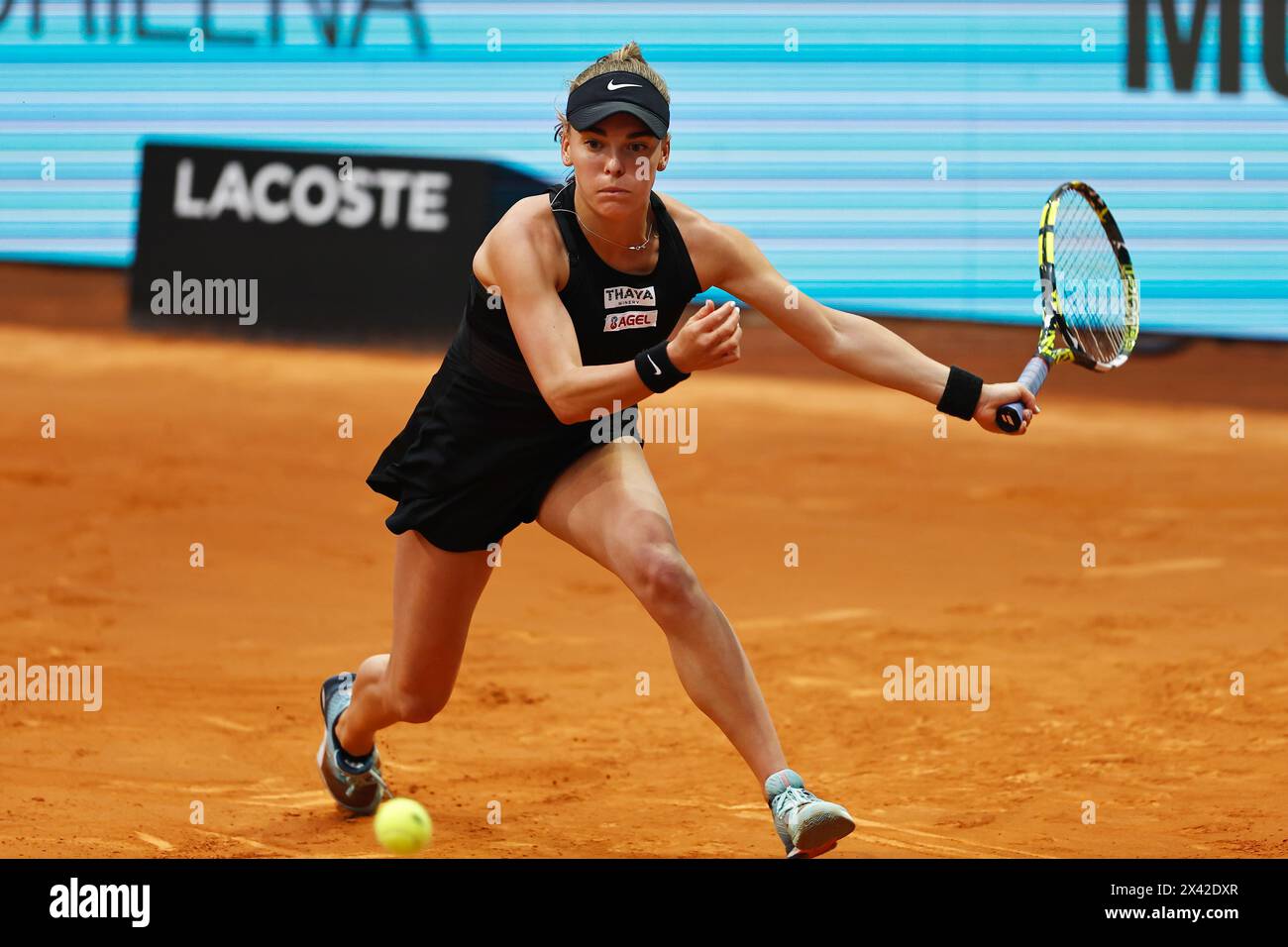 Madrid, Spain. 29th Apr, 2024. Sara Bejlek (CZE) Tennis : Sara Bejlek during singles round of 16 match against Elena Rybakina on the WTA 1000 tournaments Mutua Madrid Open tennis tournament at the Caja Magica in Madrid, Spain . Credit: Mutsu Kawamori/AFLO/Alamy Live News Stock Photo