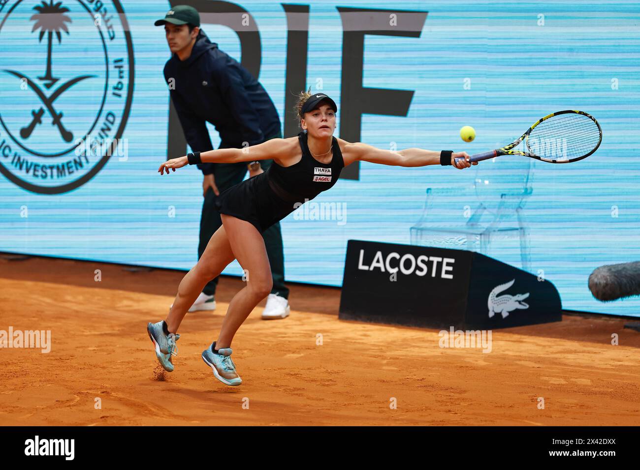 Madrid, Spain. 29th Apr, 2024. Sara Bejlek (CZE) Tennis : Sara Bejlek during singles round of 16 match against Elena Rybakina on the WTA 1000 tournaments Mutua Madrid Open tennis tournament at the Caja Magica in Madrid, Spain . Credit: Mutsu Kawamori/AFLO/Alamy Live News Stock Photo