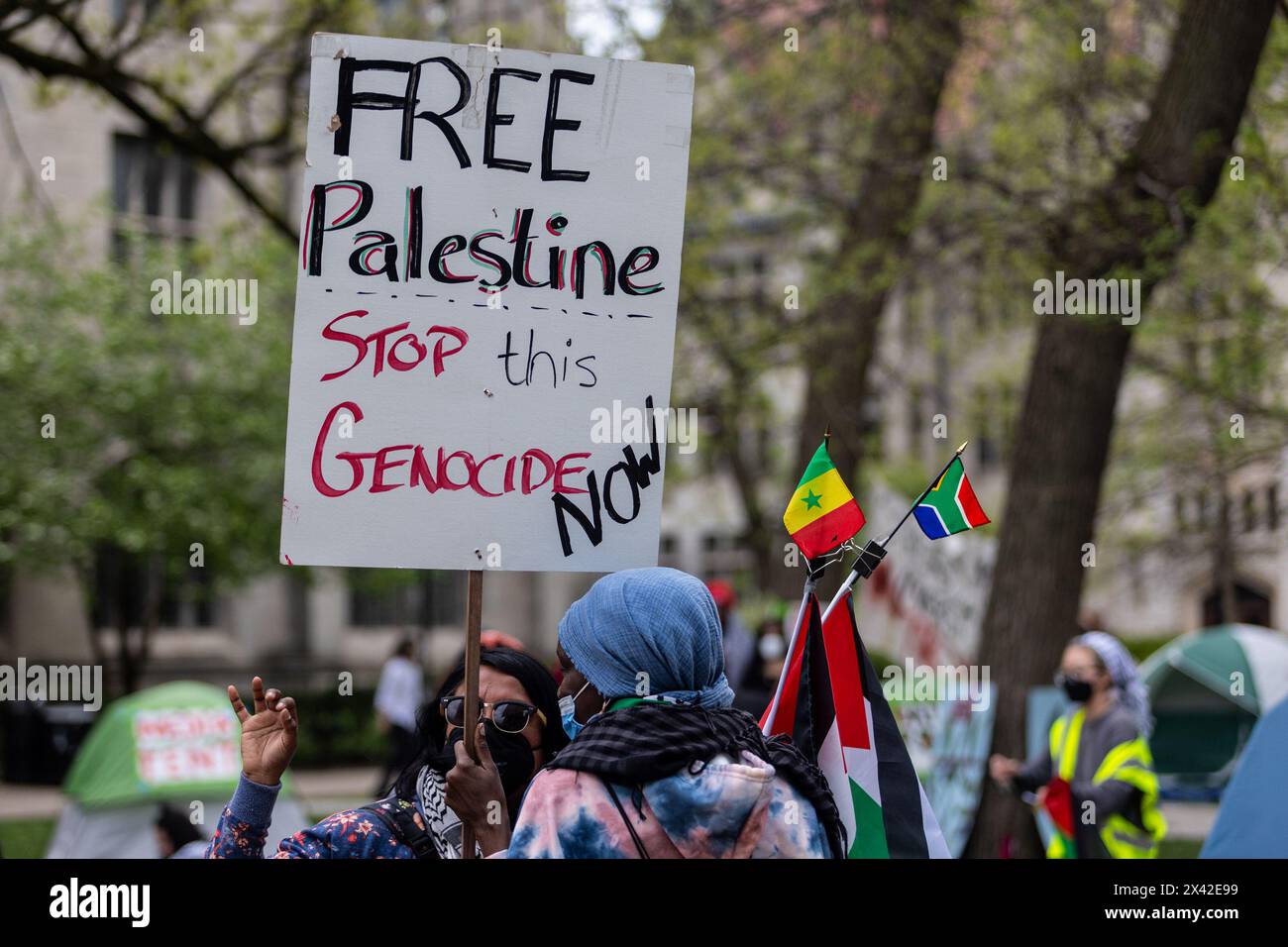 Chicago, USA. 29th Apr, 2024. A 'Free Palestine' sign is seen at a pro-Palestine encampment on campus of the University of Chicago (UChicago) in Chicago, the United States, on April 29, 2024. Hundreds of UChicago students set up an encampment in the center of the campus on Monday, joining groups on over 100 university campuses across the United States in support of Palestinians. Credit: Vincent D. Johnson/Xinhua/Alamy Live News Stock Photo