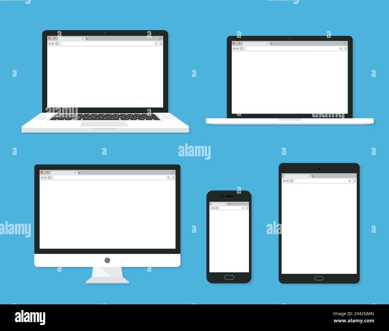 Set of monitor, laptop, tablet, smartphone open blank browser. flat style - stock vector. Stock Vector