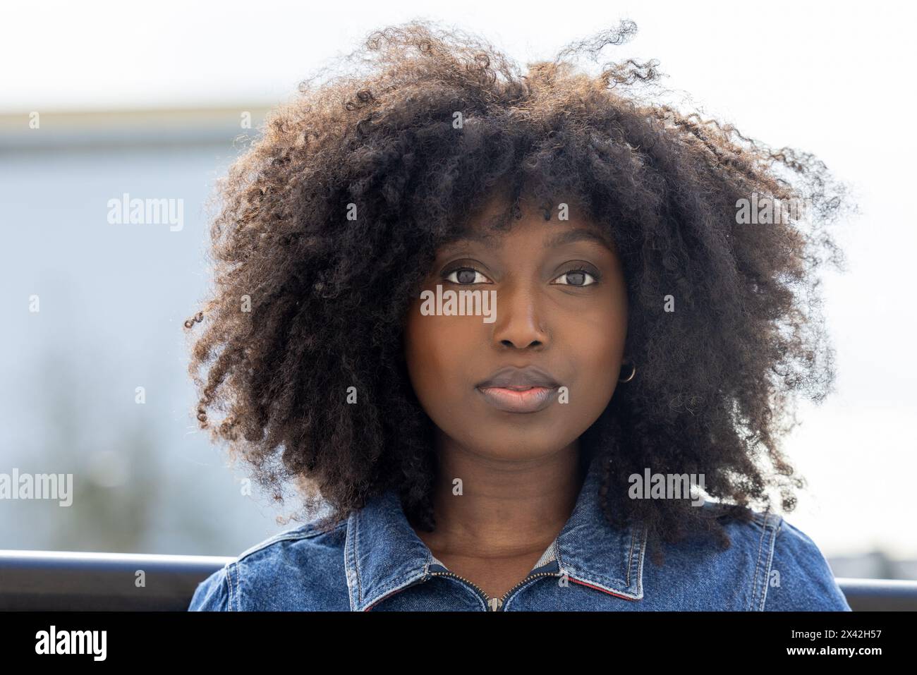 The photograph captures a headshot of a young African woman in a denim jacket, playfully puffing her cheeks. Her curly, voluminous hair frames her face, highlighted by soft, natural light. Portrait of a Playful Young African Woman with Curly Hair and Denim Jacket. High quality photo Stock Photo