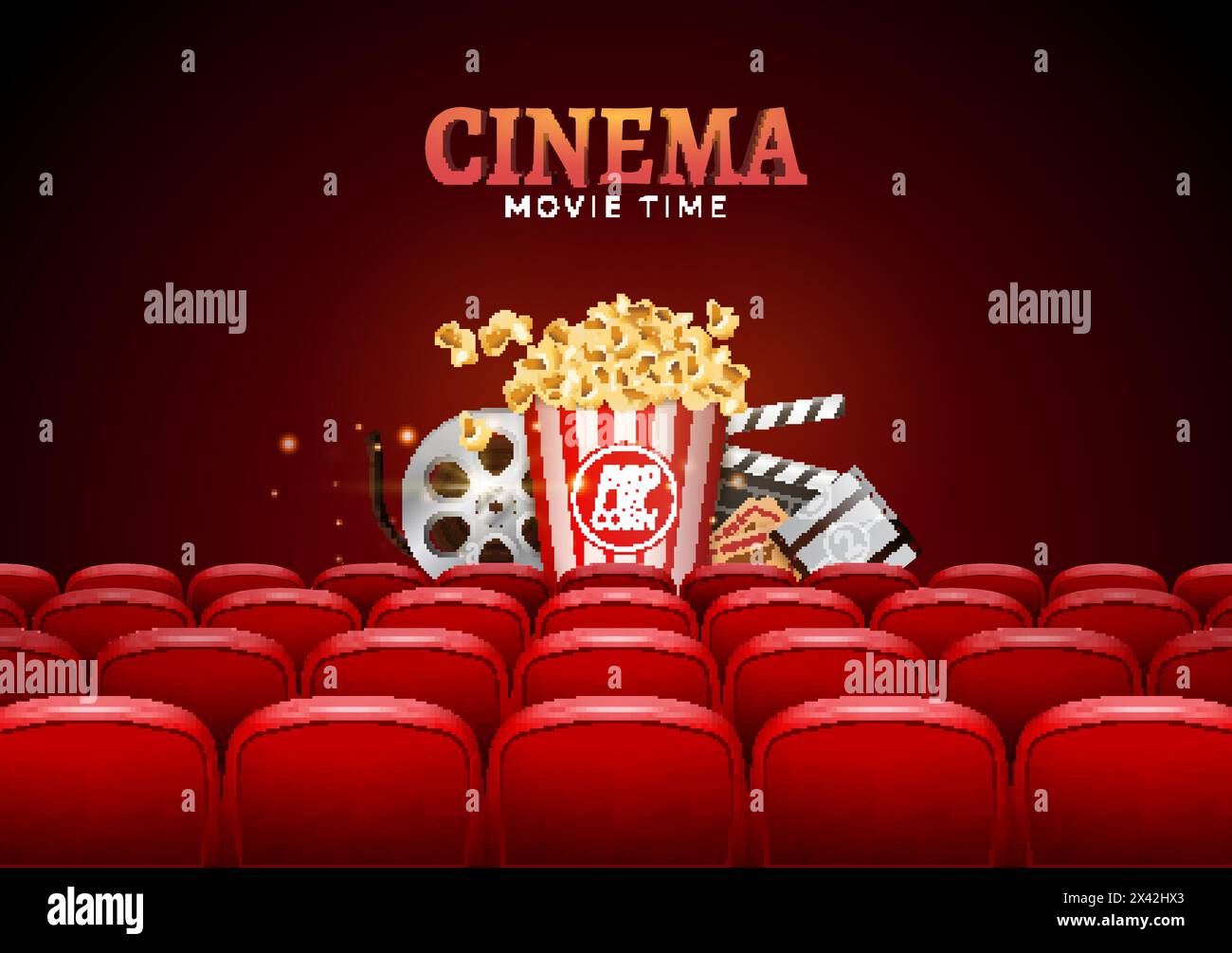Movie cinema premiere poster design. Vector template banner for show with seats, popcorn, tickets. Stock Vector