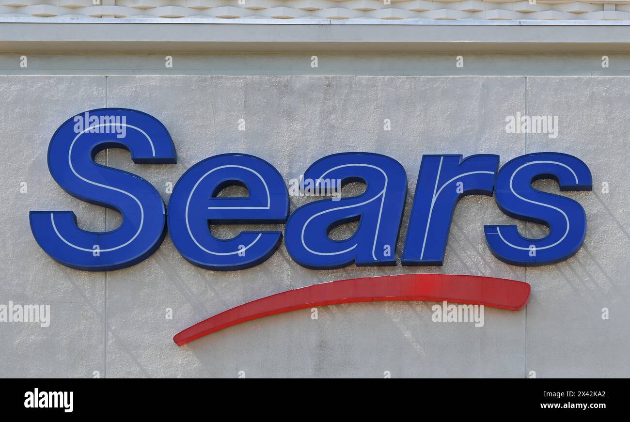 WHITTIER, CALIFORNIA - 28 APR 2024: Closeup of the Sears Sign on the Department Sorore in Whitwood Town Center. Stock Photo