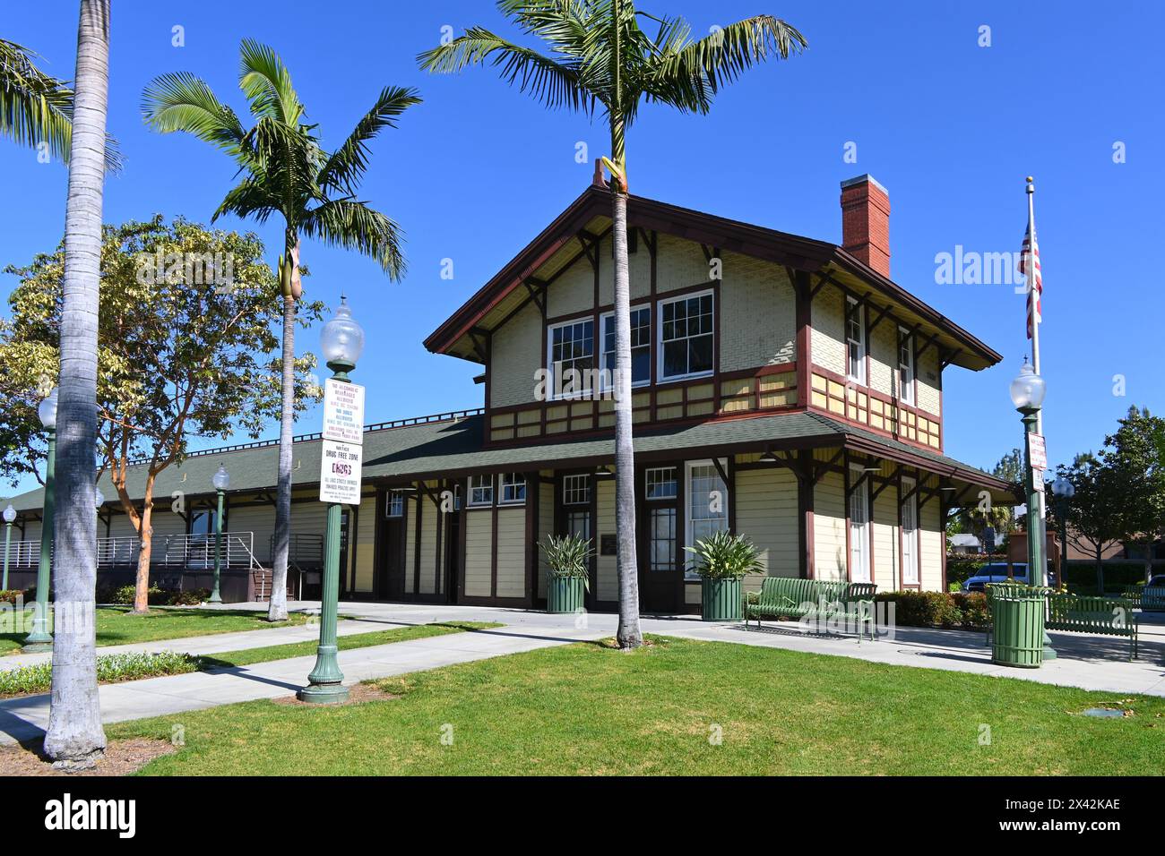 WHITTIER, CALIFORNIA - 28 APR 2024: The Whittier Transportation Center, is a train depot built in 1892 that is being preserved to house a railroad mus Stock Photo