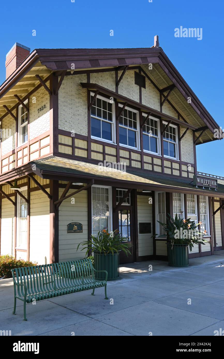 WHITTIER, CALIFORNIA - 28 APR 2024: The Whittier Transportation Center, is a train depot built in 1892 that is being preserved to house a railroad mus Stock Photo