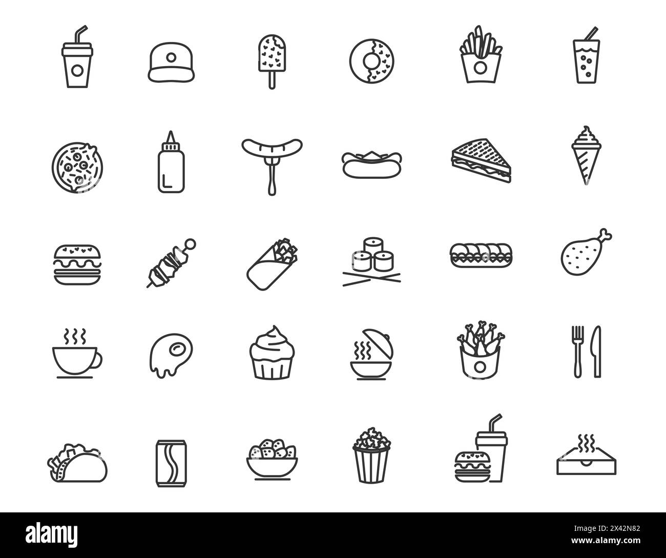 Set of linear fast food icons. Food and drink icons in simple design. Vector illustration Stock Vector