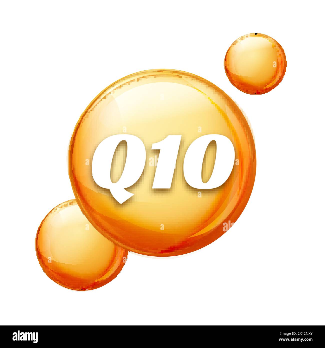 Coenzyme Q10. Golden vector oil icon. Treatment drop pill capsule. Q10 skin care wellness. Stock Vector