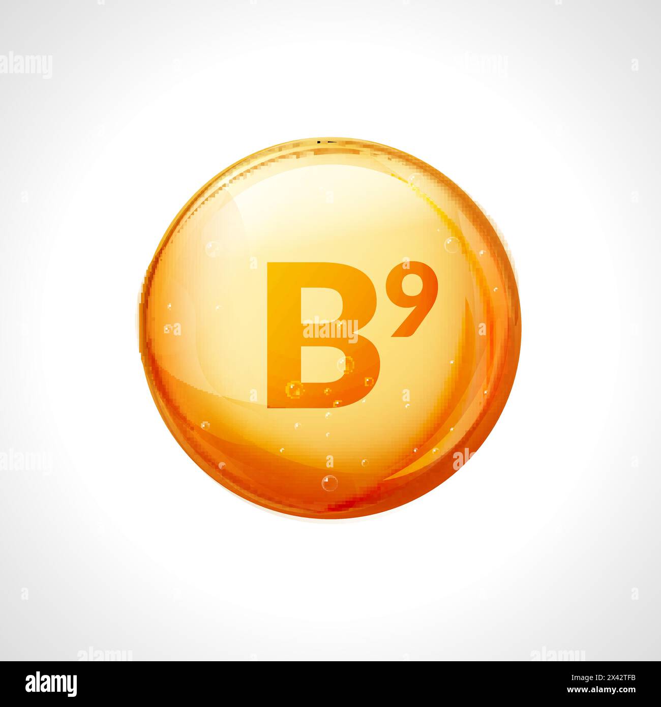 Vitamin B9 gold icon. Folic acid treatment skin care. Healthy pill natural medicine vitamin nutrition. Stock Vector
