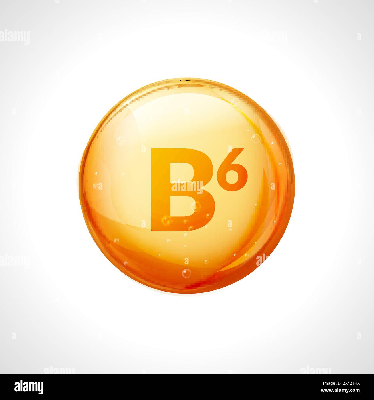 Vitamin b6 pill icon. Pyridoxine nutrition care. Gold drop essence. Isolated golden vector symbol of b6 vitamin medicine. Stock Vector