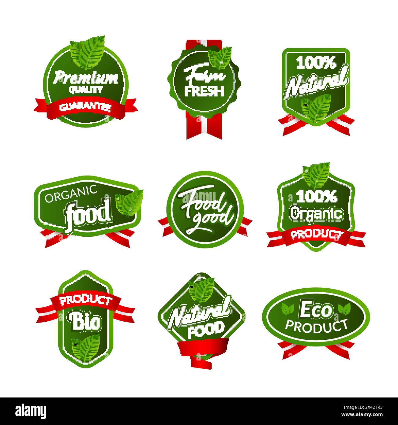 Organic health food badge seal design. Natural organic food sticker set. Farm product market signs in vector. Stock Vector