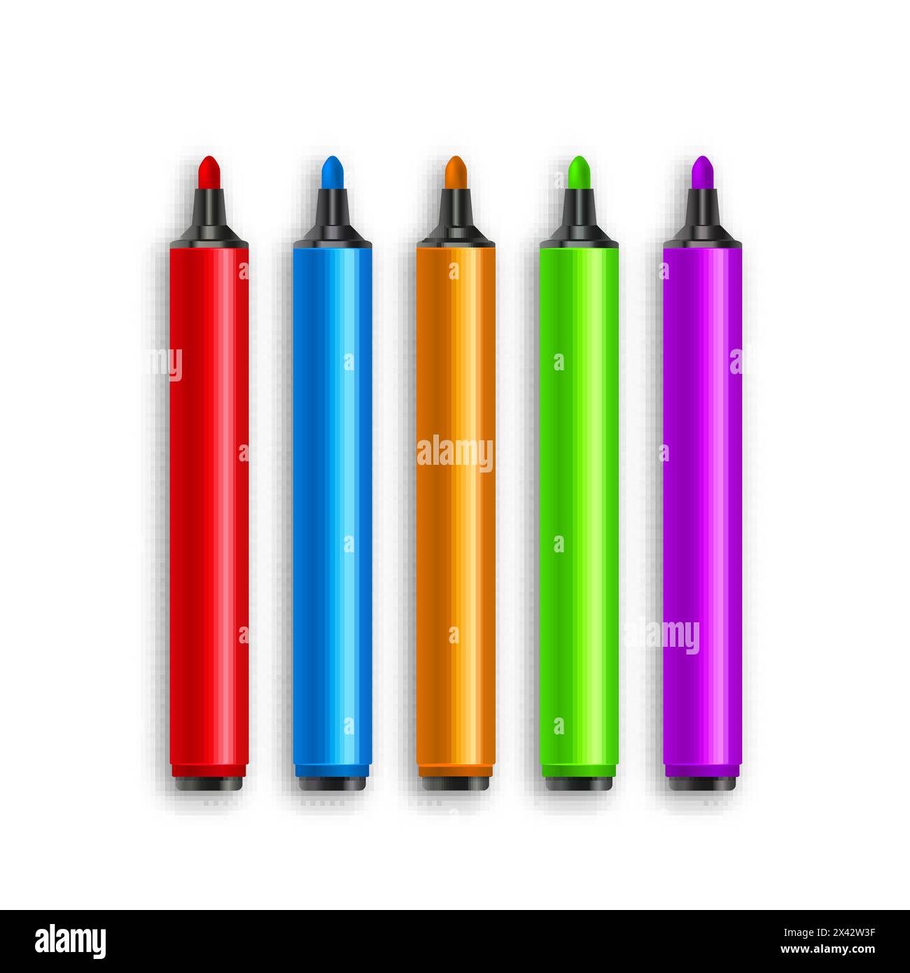 Marker pens, red, green, yellow, purple, blue. Vector set colourful