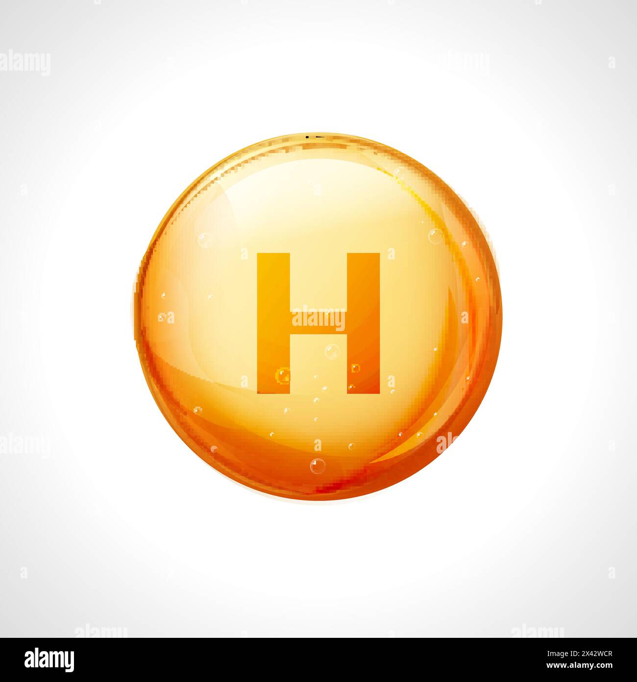 Vitamin H golden shining capsule. Healthy medicine pill supplement essence symbol. Stock Vector