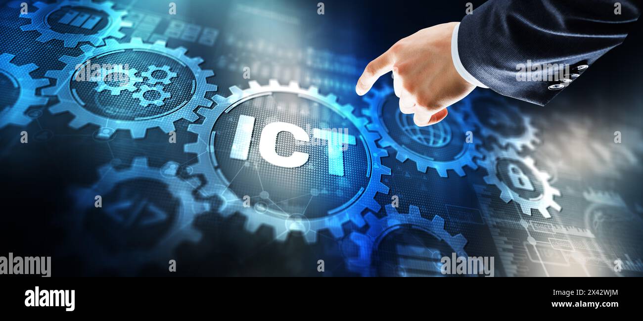 ICT. Information communication technology concept on mixed media background Stock Photo