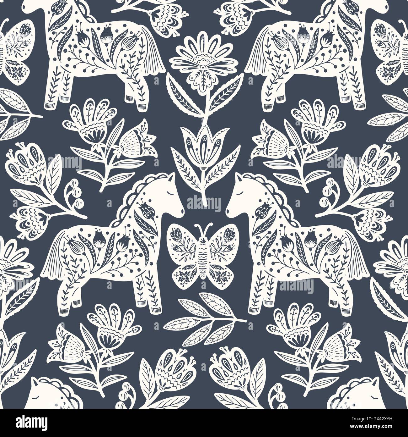 Scandinavian seamless folk art pattern with horse in Nordic design. Retro floral background inspired by Swedish and Norwegian traditional folk embroid Stock Vector
