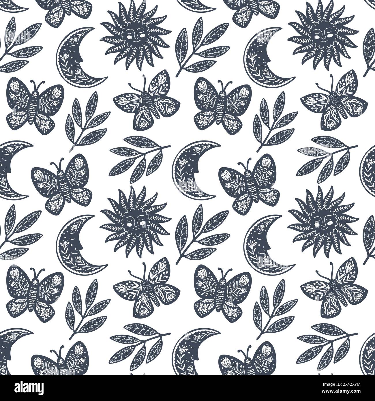 Scandinavian seamless folk art pattern with butterfly in Nordic design. Retro floral background inspired by Swedish and Norwegian traditional folk emb Stock Vector
